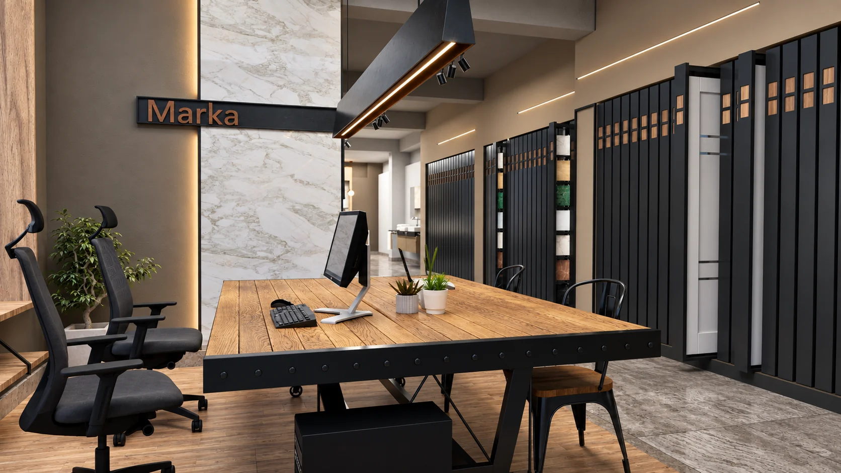 Ahşap masa ve metal raf sistemleriyle düzenlenen ofis çalışma alanı