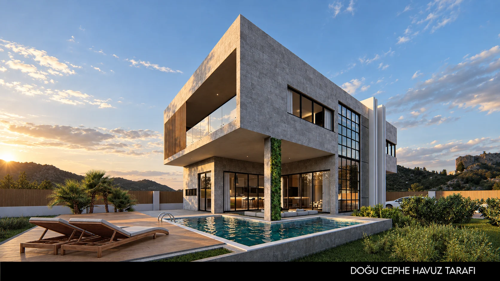 Havuz tarafında geniş cam yüzeyleri bulunan modern villa tasarımı