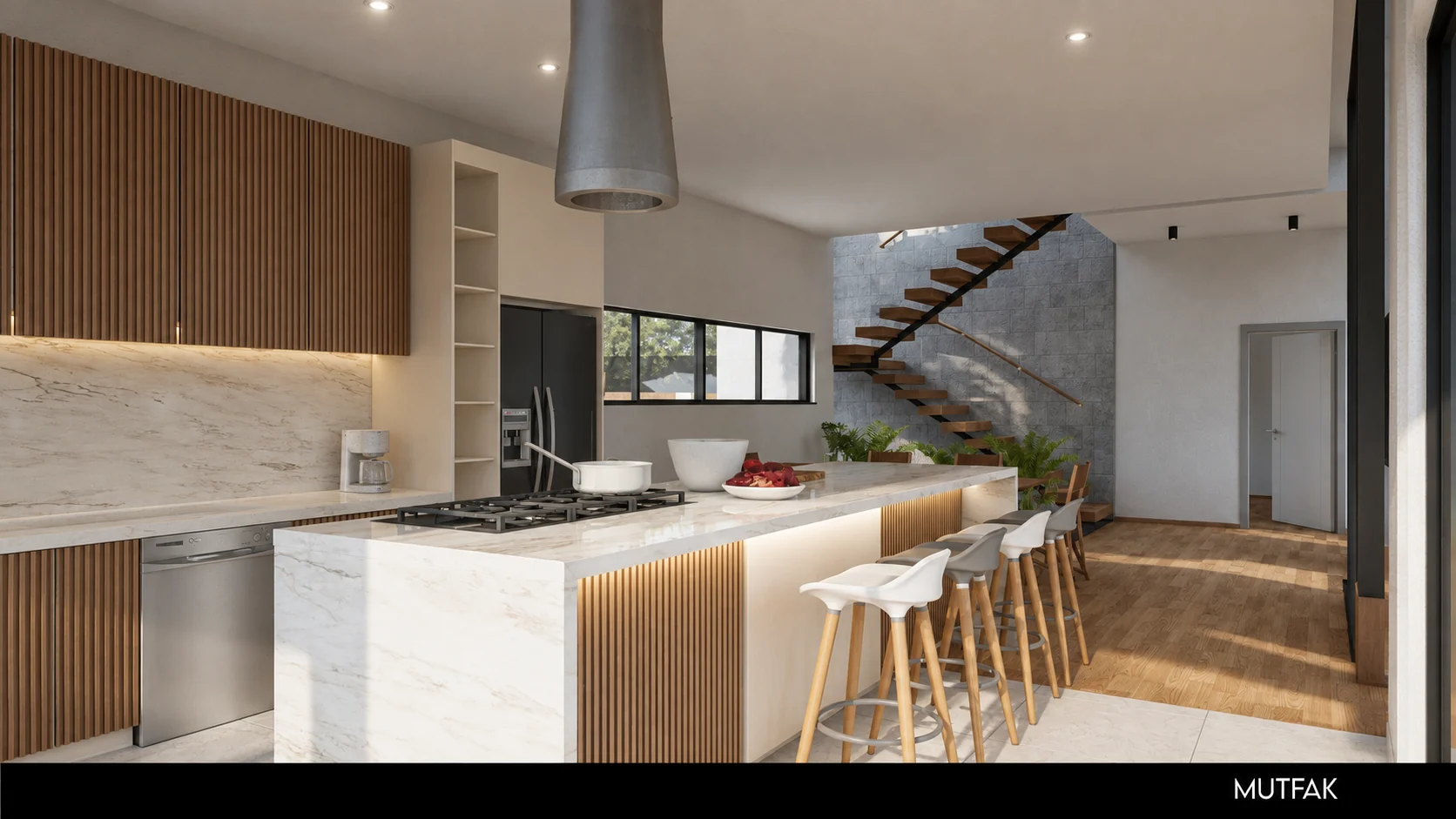 Mermer ada ve ahşap dolaplarla tasarlanan villa mutfağı